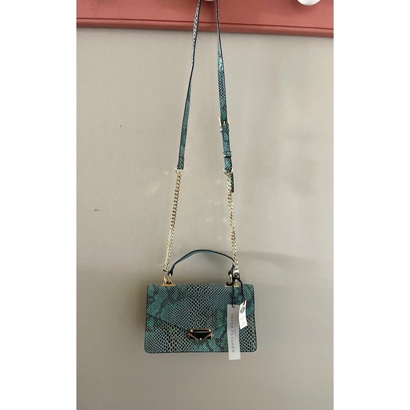 Vegan Leather Crossbody Bag Teal Snake Print Gold Chain Strap Purse - Picture 1 of 7